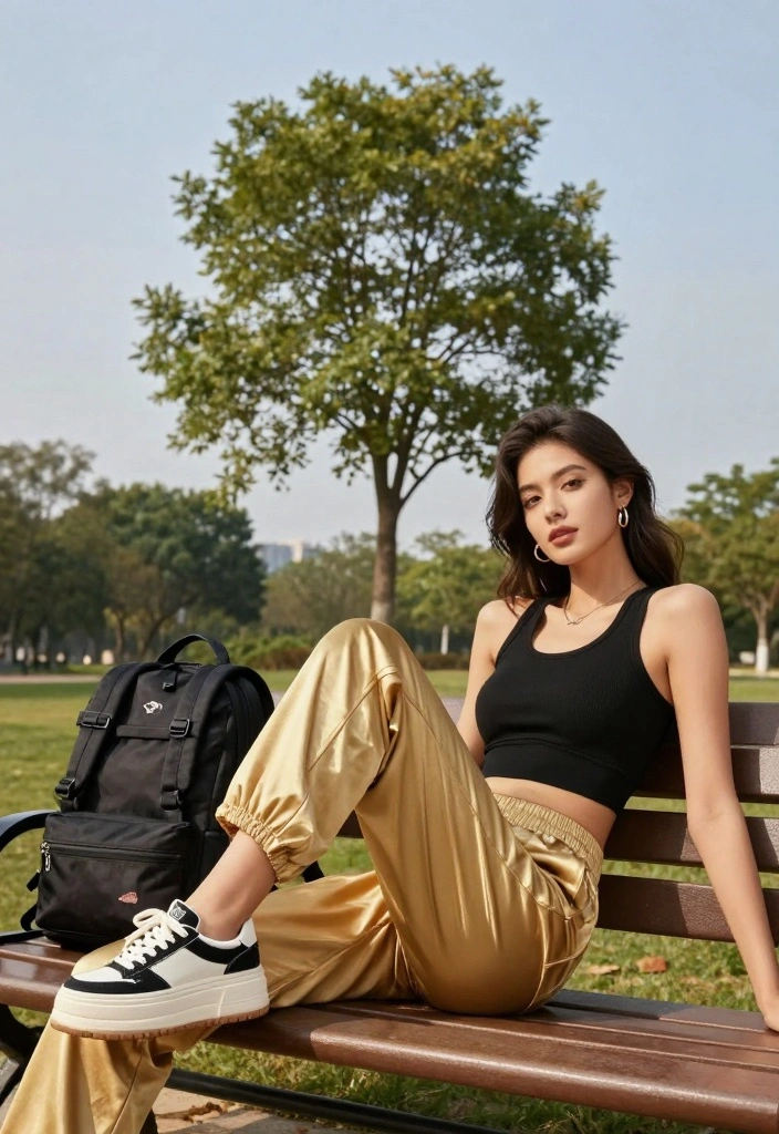 14 Gold Pants Outfit Ideas For Women That Shine - 6. Sporty Luxe 1