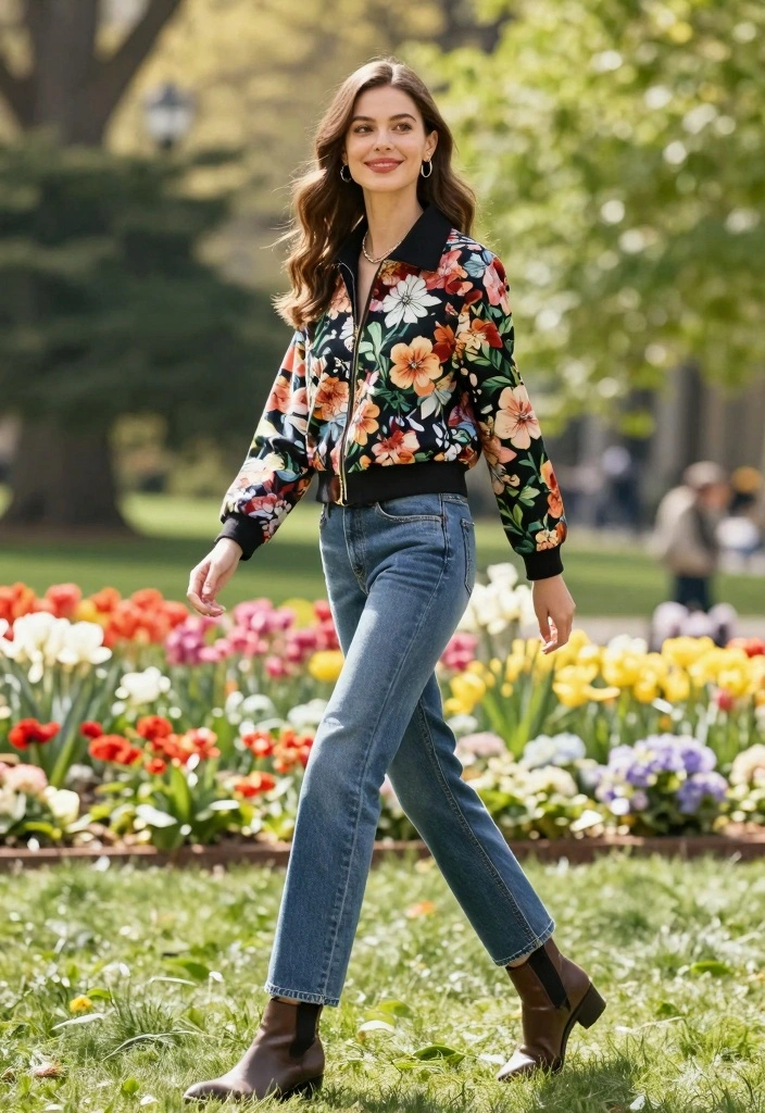 14 Jacket And Jeans Outfit Ideas For Women That Always Work - 2. The Feminine Floral Print Jacket 1