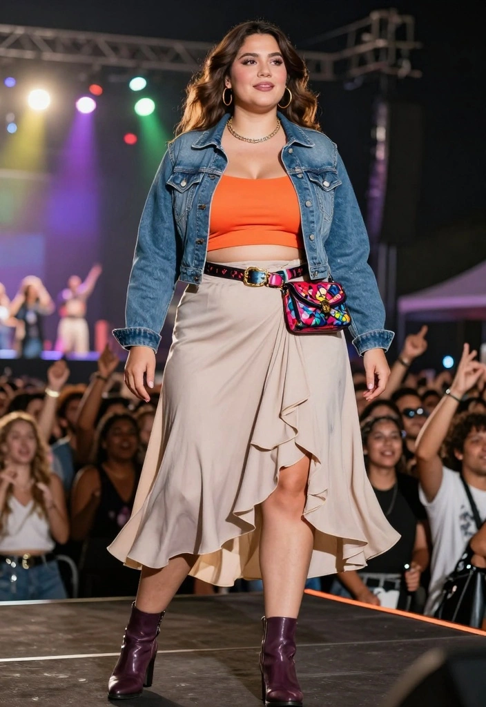 14 Jelly Roll Concert Outfit Ideas For Women - 3. Denim Jacket & Skirt Combo 1