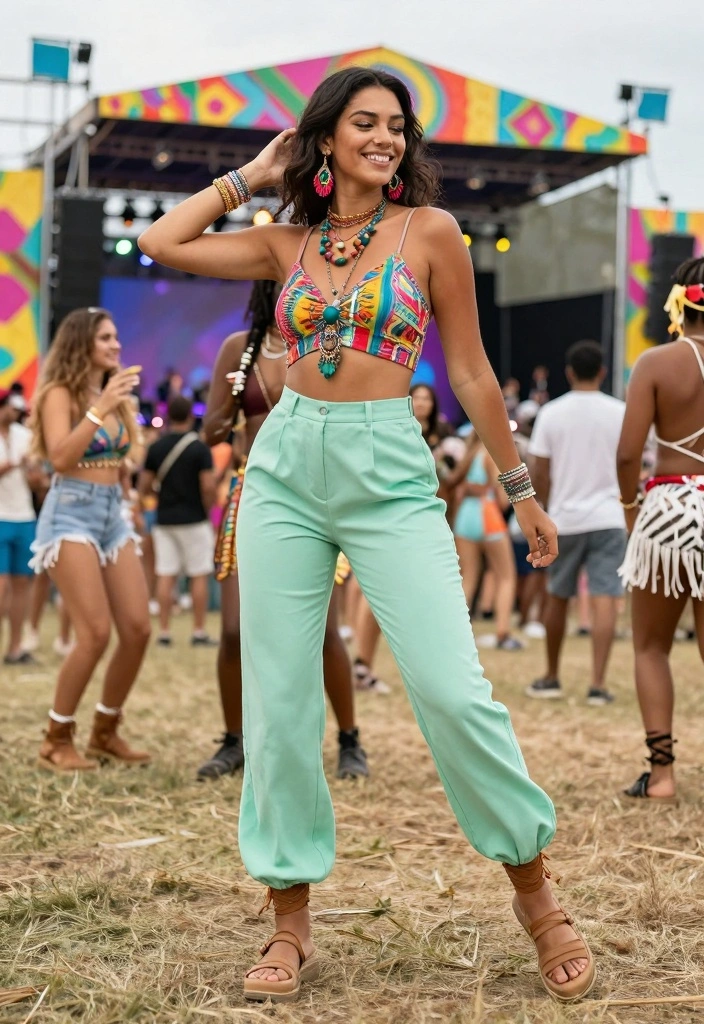 14 Mint Green Pants Outfit Ideas For Women With Fresh Style - 10. Festival Ready 1