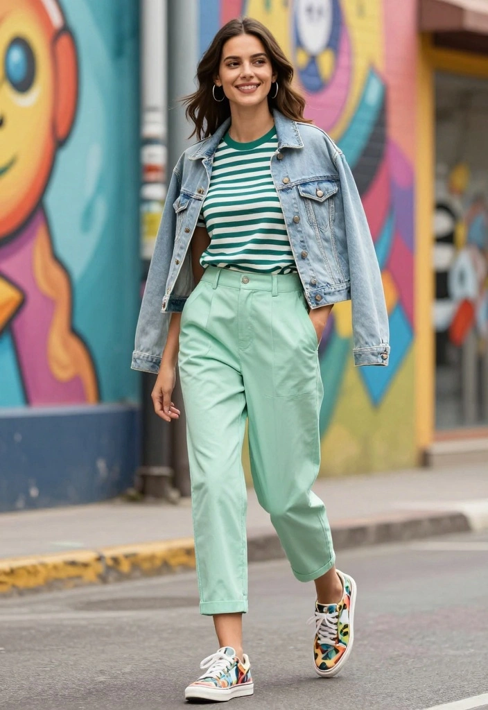 14 Mint Green Pants Outfit Ideas For Women With Fresh Style - 8. Playful with Patterns 1