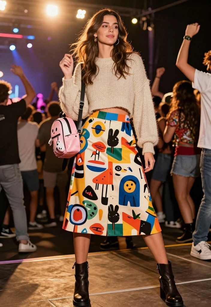 14 Pop Concert Outfit Ideas For Women With Trendy Style - 4. Graphic Skirt with a Cropped Sweater 1