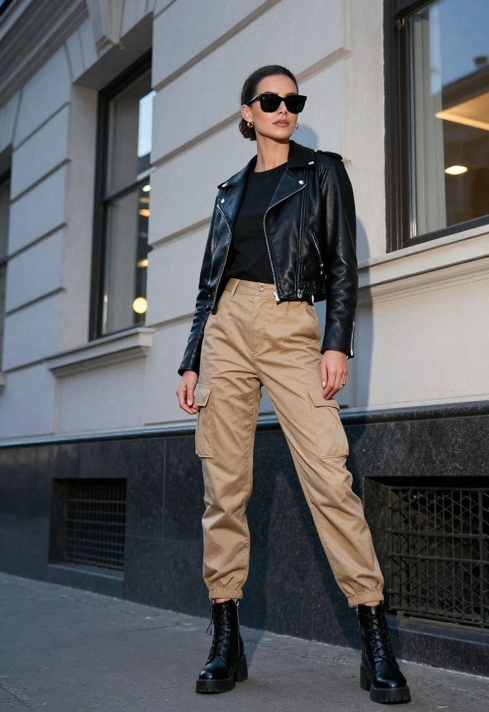 14 Tan Work Pants Outfit Ideas For Women - 10. Edgy with a Leather Jacket 1
