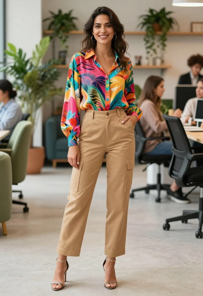 14 Tan Work Pants Outfit Ideas For Women - 4. Printed Blouse for a Fun Twist 1