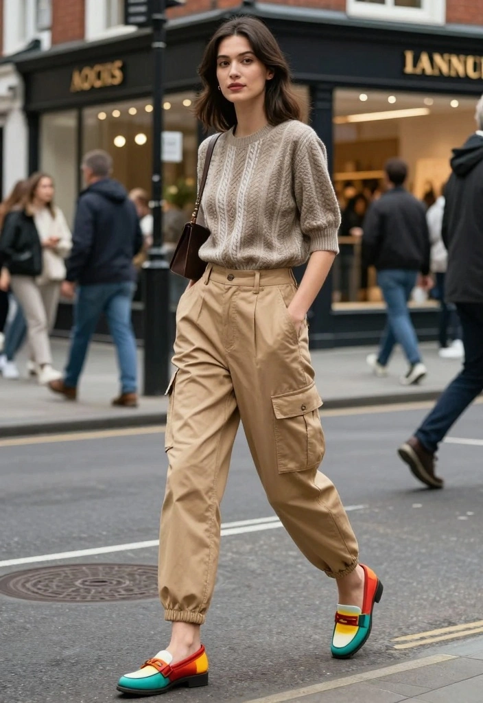 14 Tan Work Pants Outfit Ideas For Women - 7. Funky Footwear to Stand Out 1