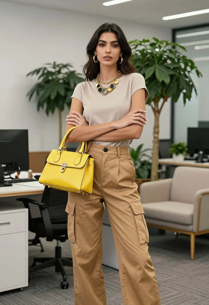 14 Tan Work Pants Outfit Ideas For Women - 8. Statement Accessories for a Bold Look 1