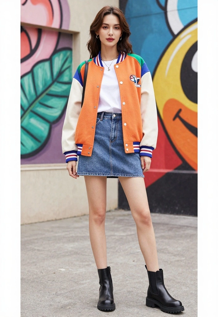 14 Varsity Jacket Outfit Ideas For Women With Sporty Charm - 1. Varsity Jacket with Denim Skirt 1