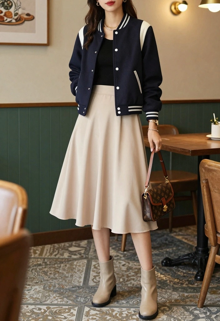 14 Varsity Jacket Outfit Ideas For Women With Sporty Charm - 10. Varsity Jacket with a Midi Skirt 1