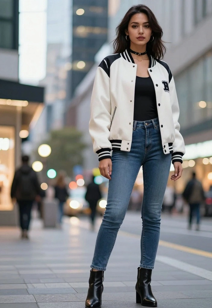14 Varsity Jacket Outfit Ideas For Women With Sporty Charm - 14. Varsity Jacket with a Choker and Accessories 1
