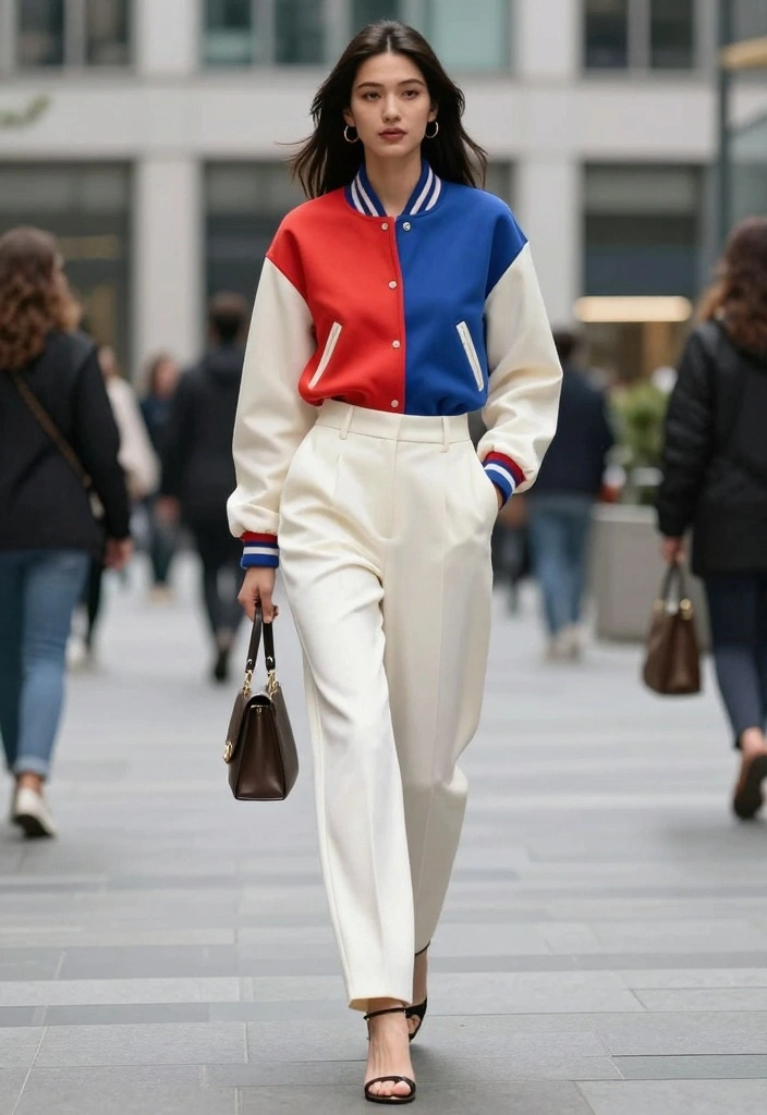 14 Varsity Jacket Outfit Ideas For Women With Sporty Charm - 3. Varsity Jacket with High-Waisted Trousers 1