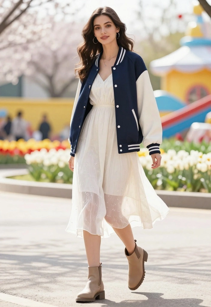 14 Varsity Jacket Outfit Ideas For Women With Sporty Charm - 4. Varsity Jacket Over a Cute Dress 1