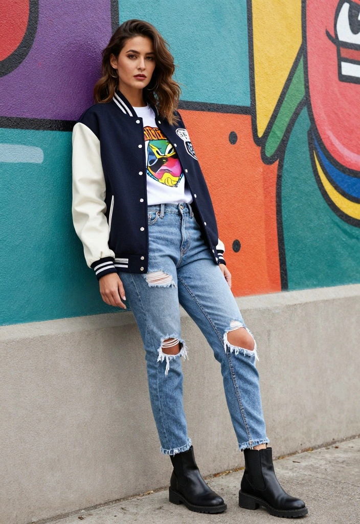 14 Varsity Jacket Outfit Ideas For Women With Sporty Charm - 8. Varsity Jacket with a Graphic Tee 1
