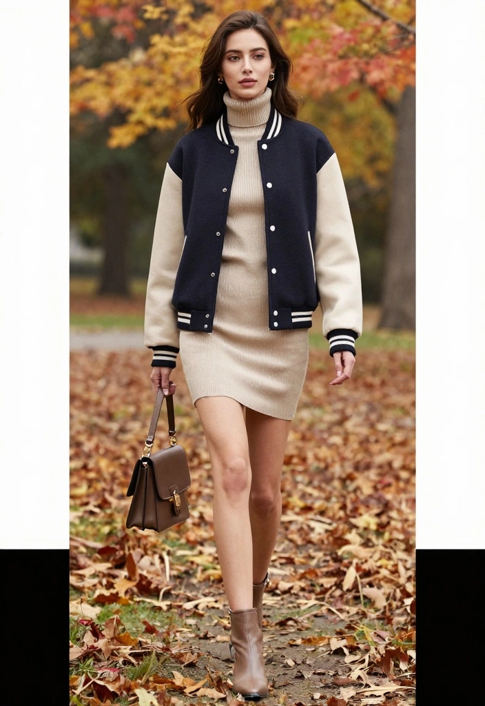 14 Varsity Jacket Outfit Ideas For Women With Sporty Charm - 9. Varsity Jacket with a Turtleneck 1