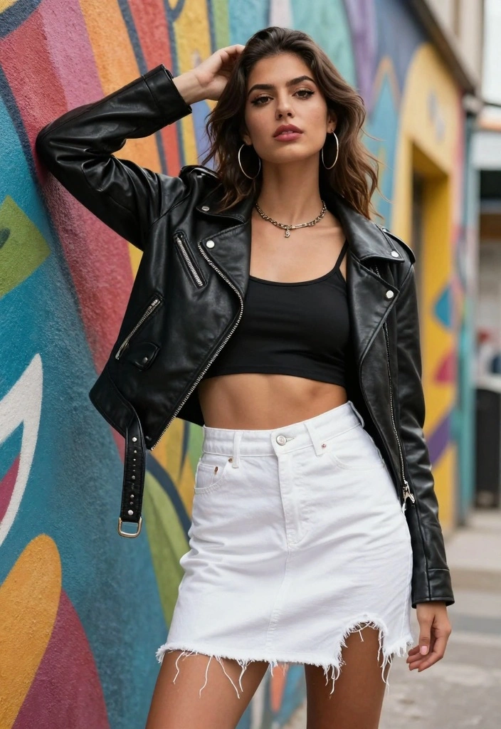 14 White Denim Skirt Outfit Ideas For Women With Clean Style - 8. Edgy with a Leather Jacket 1