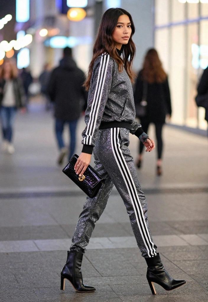15 Adidas Pants Outfit Ideas For Women With Sporty Style - 10. Athleisure Glam for Night Out 1