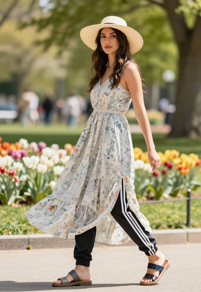 15 Adidas Pants Outfit Ideas For Women With Sporty Style - 11. Sporty Maxi Dress Layering 1