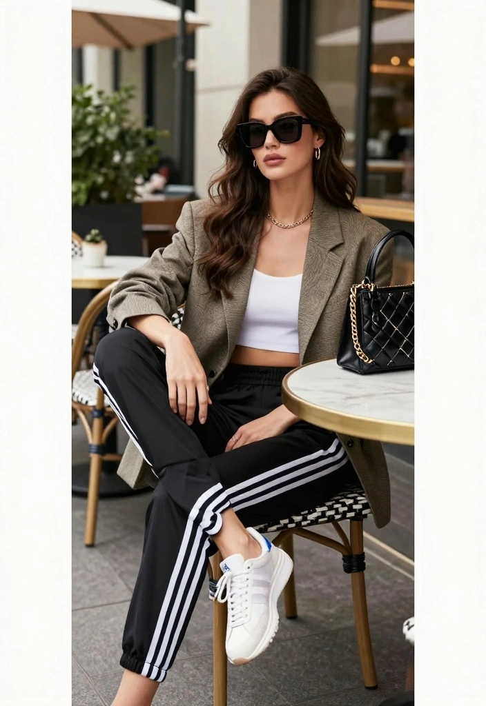 15 Adidas Pants Outfit Ideas For Women With Sporty Style - 5. Sporty Luxe with Accessories 1