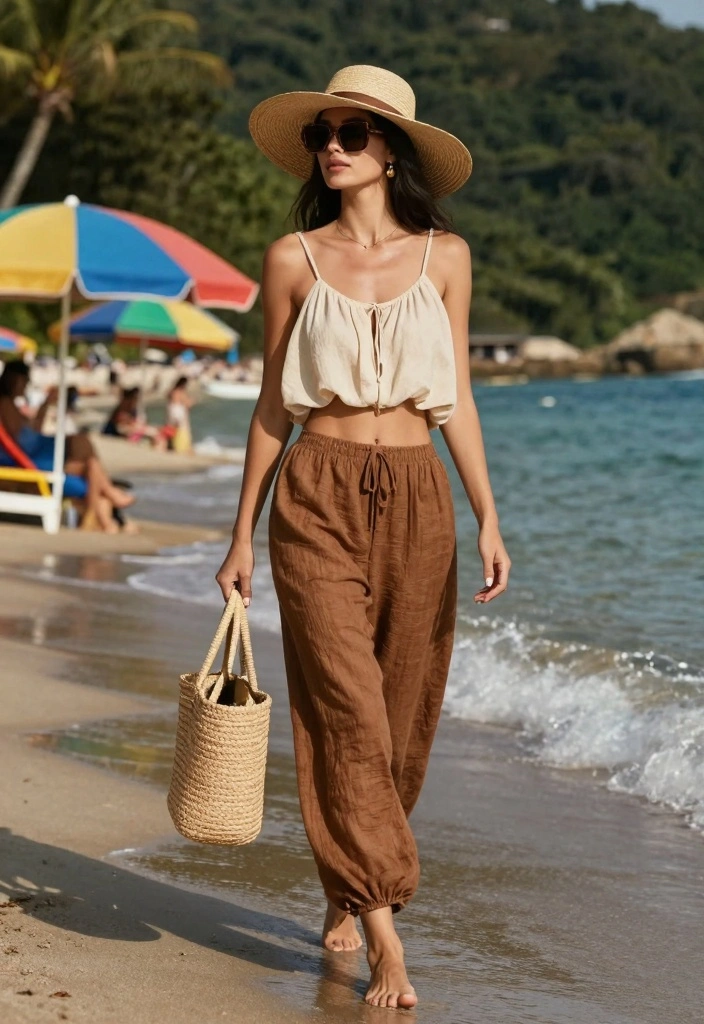 15 Brown Linen Pants Outfit Ideas For Women With Easy Chic - 3. Boho Beach Day 1