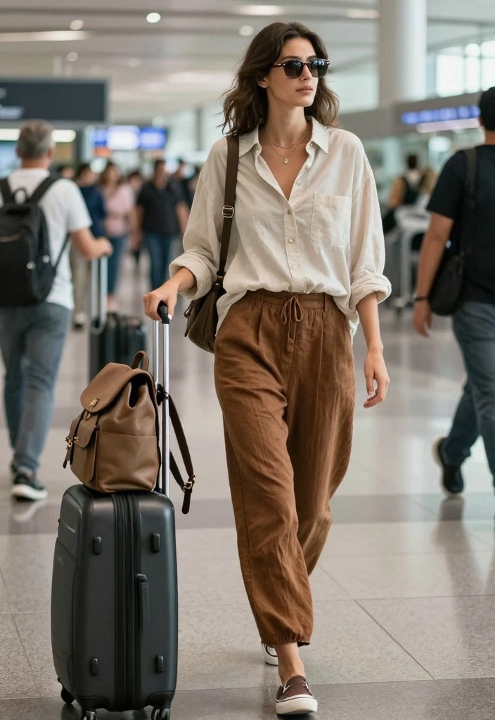 15 Brown Linen Pants Outfit Ideas For Women With Easy Chic - 5. Effortless Travel Style 1