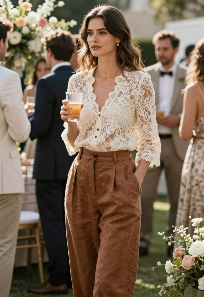 15 Brown Linen Pants Outfit Ideas For Women With Easy Chic - 9. Chic Summer Wedding 1