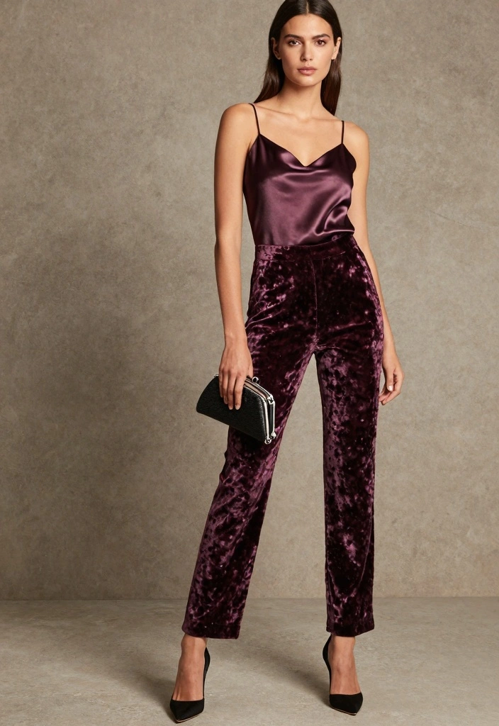 15 Classy Pants And Top Outfit Ideas For Women - 10. Velvet Trousers with a Satin Camisole 1
