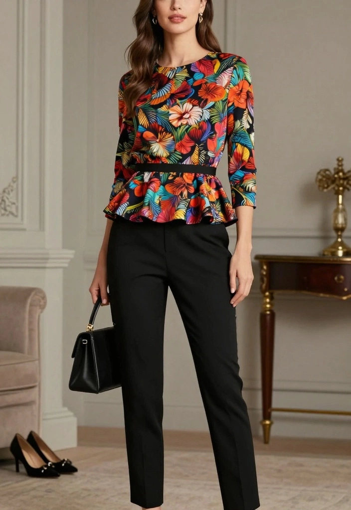 15 Classy Pants And Top Outfit Ideas For Women - 15. Tapered Pants with Peplum Top 1