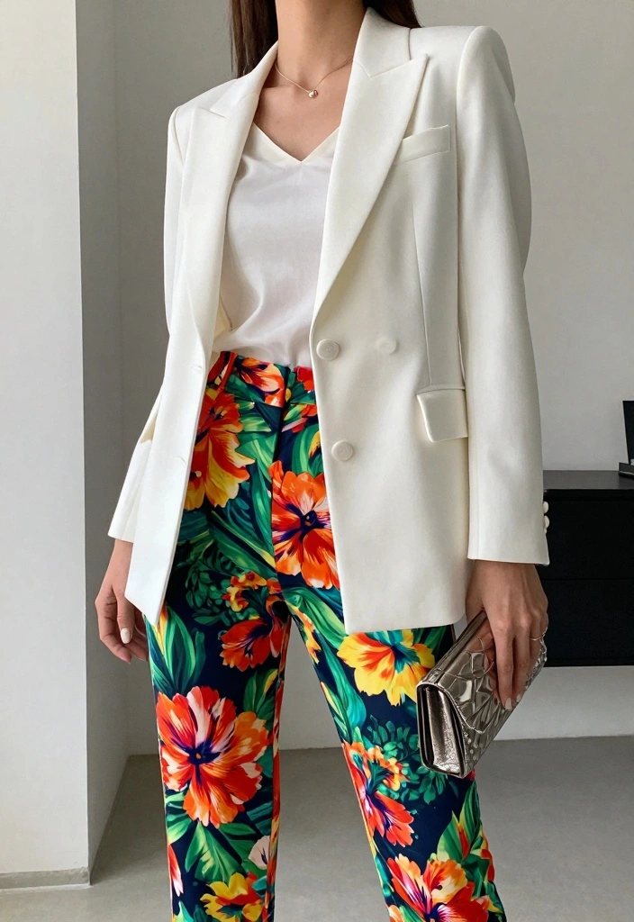 15 Classy Pants And Top Outfit Ideas For Women - 4. Printed Pants and Solid Blazer 1