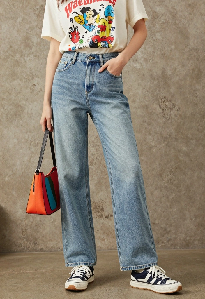 15 Classy Pants And Top Outfit Ideas For Women - 6. Denim Trousers with Vintage Tee 1