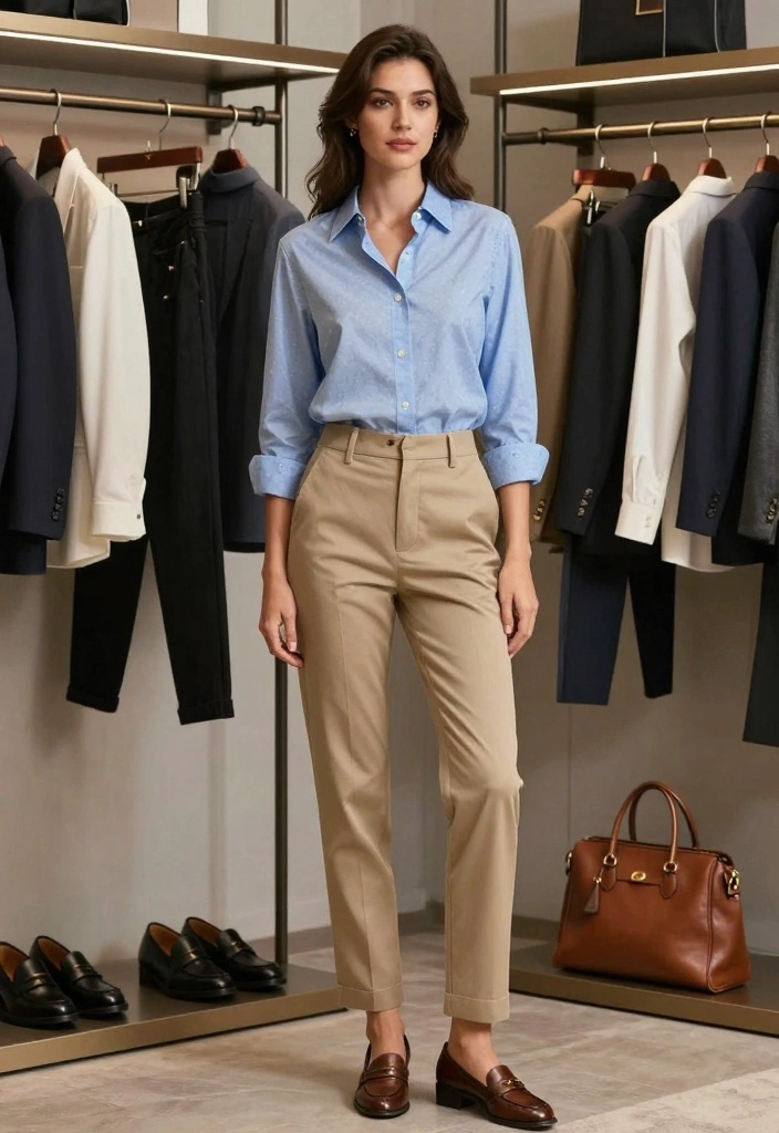 15 Classy Pants And Top Outfit Ideas For Women - 7. Chinos with Button-Up Shirt 1