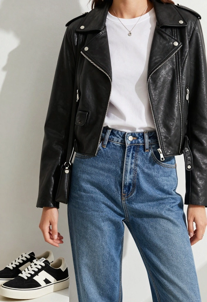 15 Cropped Leather Jacket Outfit Ideas For Women With Balance - 1. Classic White T-Shirt and Jeans 1