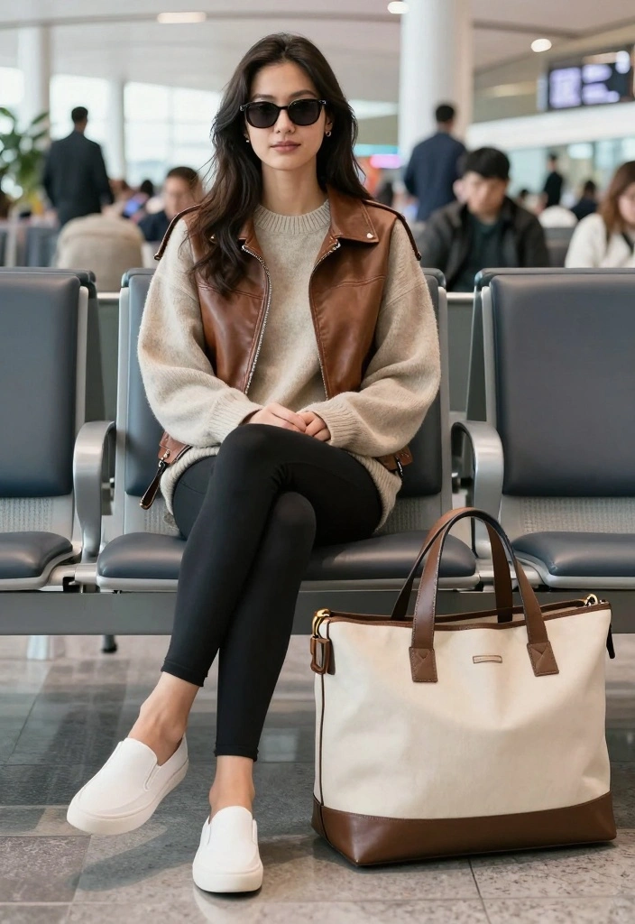 15 Cropped Leather Jacket Outfit Ideas For Women With Balance - 10. Comfortable Travel Outfit 1