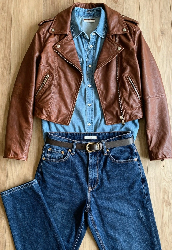 15 Cropped Leather Jacket Outfit Ideas For Women With Balance - 14. Playful Denim on Denim 1