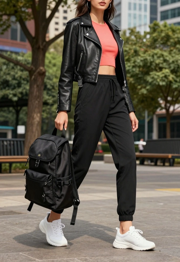 15 Cropped Leather Jacket Outfit Ideas For Women With Balance - 3. Sporty Chic Vibes 1