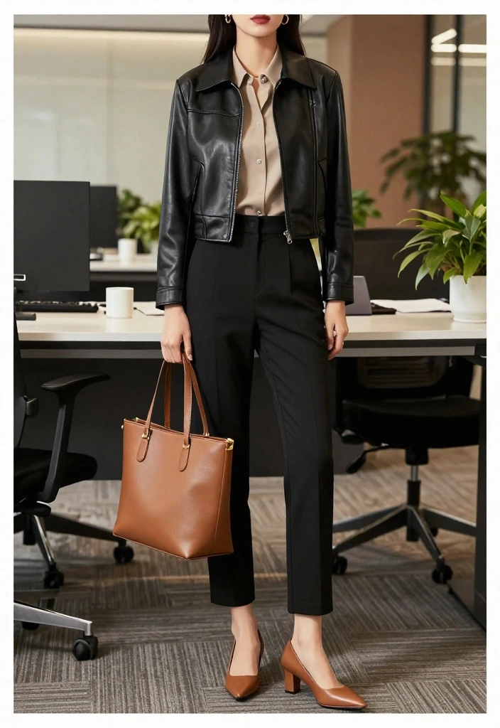 15 Cropped Leather Jacket Outfit Ideas For Women With Balance - 5. Business Casual Edge 1
