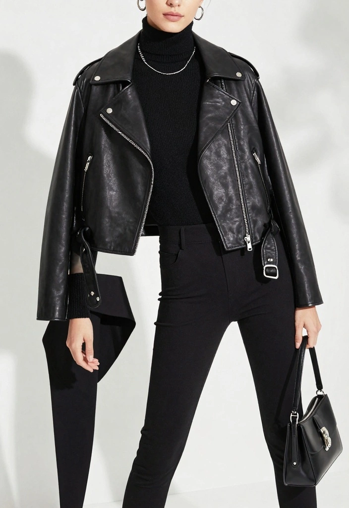 15 Cropped Leather Jacket Outfit Ideas For Women With Balance - 7. Monochrome Magic 1