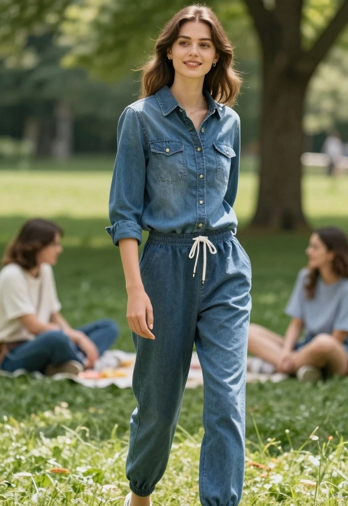 15 Denim Blouse Outfit Ideas For Women With Soft Style - 10. Denim Blouse with Joggers 1