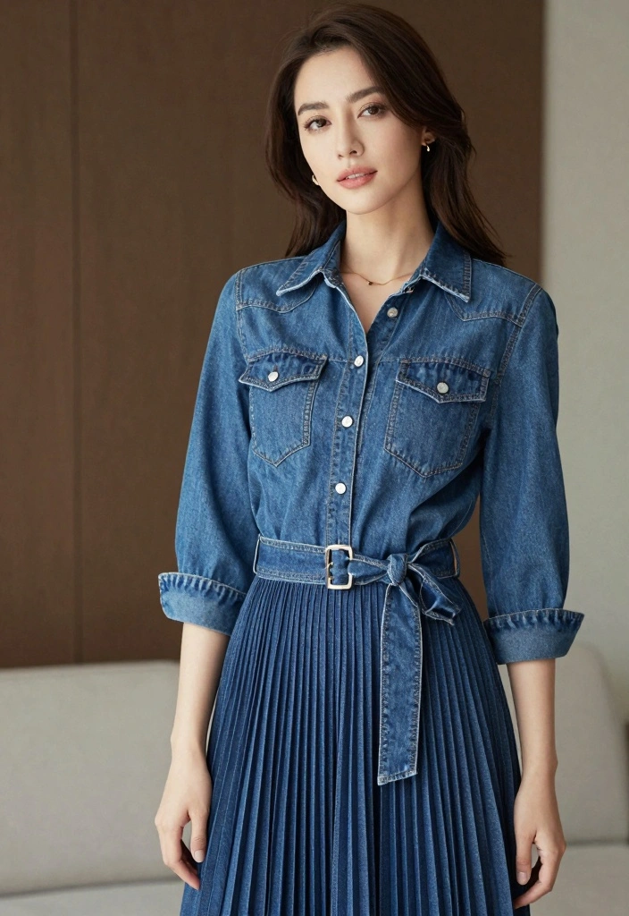 15 Denim Blouse Outfit Ideas For Women With Soft Style - 11. Denim Blouse with a Belted Waist 1