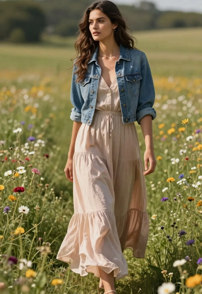 15 Denim Blouse Outfit Ideas For Women With Soft Style - 12. Denim Blouse with a Flowy Maxi Dress 1