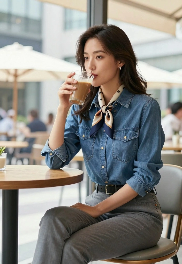 15 Denim Blouse Outfit Ideas For Women With Soft Style - 13. Denim Blouse with a Chic Scarf 1