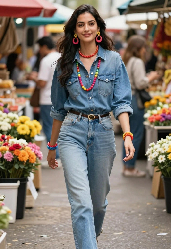 15 Denim Blouse Outfit Ideas For Women With Soft Style - 14. Denim Blouse with Colorful Accessories 1