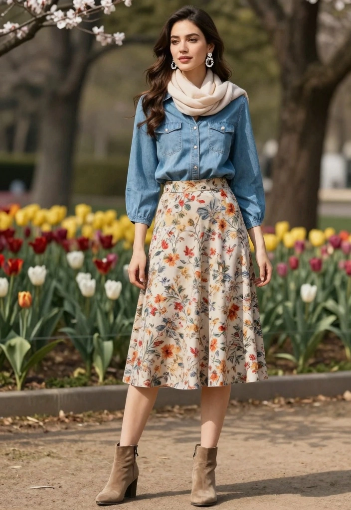 15 Denim Blouse Outfit Ideas For Women With Soft Style - 2. Denim Blouse with a Midi Skirt 1