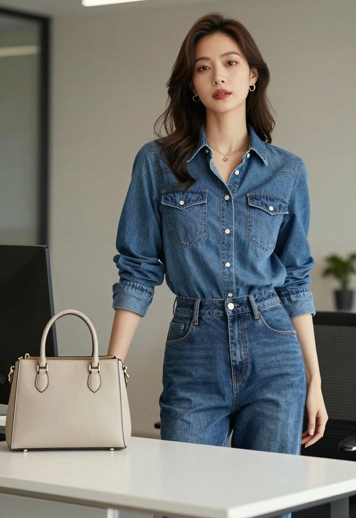 15 Denim Blouse Outfit Ideas For Women With Soft Style - 4. Denim Blouse Tucked into High-Waisted Pants 1