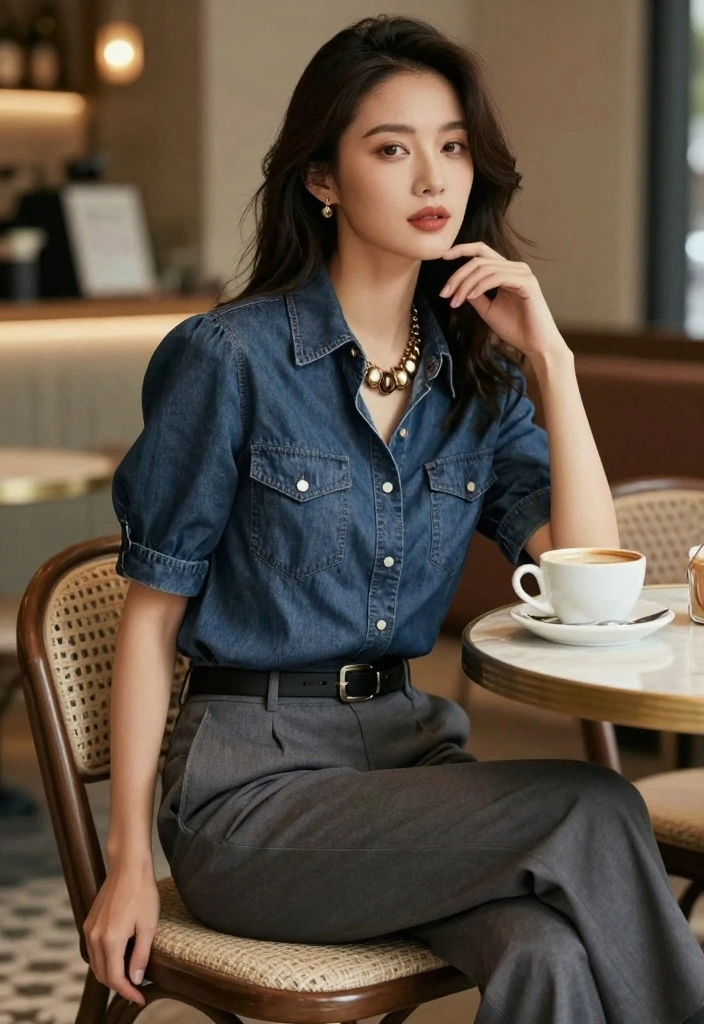 15 Denim Blouse Outfit Ideas For Women With Soft Style - 5. Denim Blouse with a Statement Necklace 1