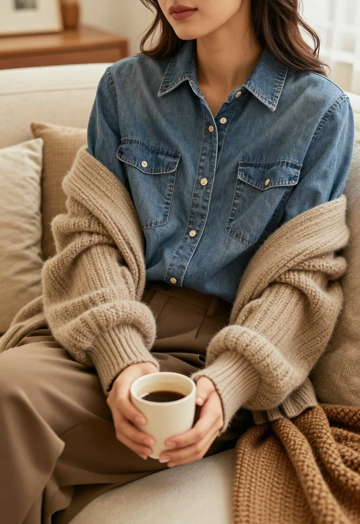 15 Denim Blouse Outfit Ideas For Women With Soft Style - 6. Denim Blouse Under a Sweater 1