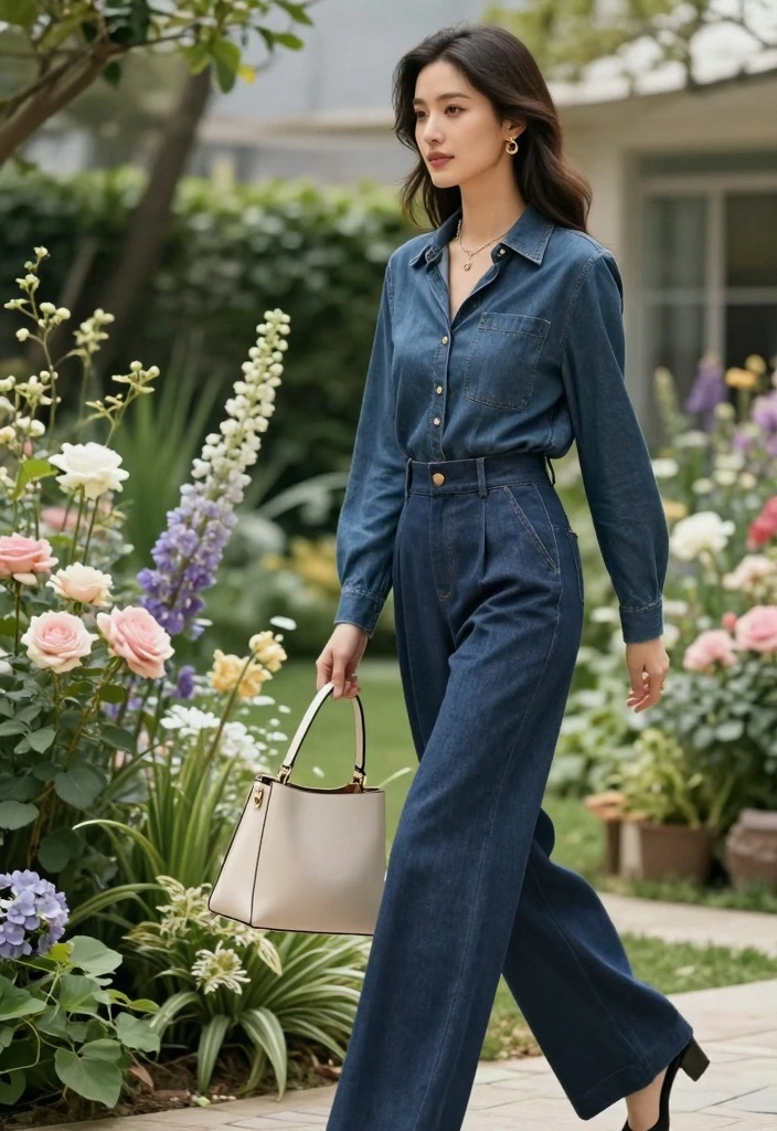 15 Denim Blouse Outfit Ideas For Women With Soft Style - 7. Denim Blouse with Wide-Leg Trousers 1