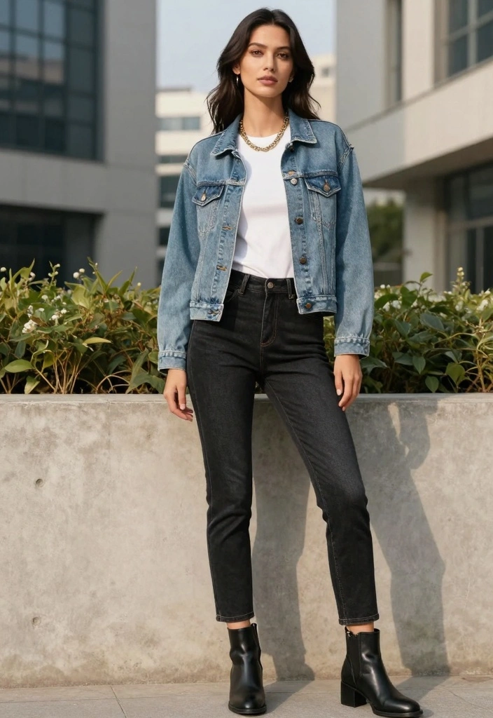 15 Double Denim Outfit Ideas For Women That Look Modern - 1. Classic Denim Jacket with High-Waisted Jeans 1