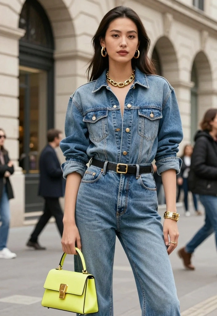 15 Double Denim Outfit Ideas For Women That Look Modern - 14. Bold Accessories with Double Denim 1