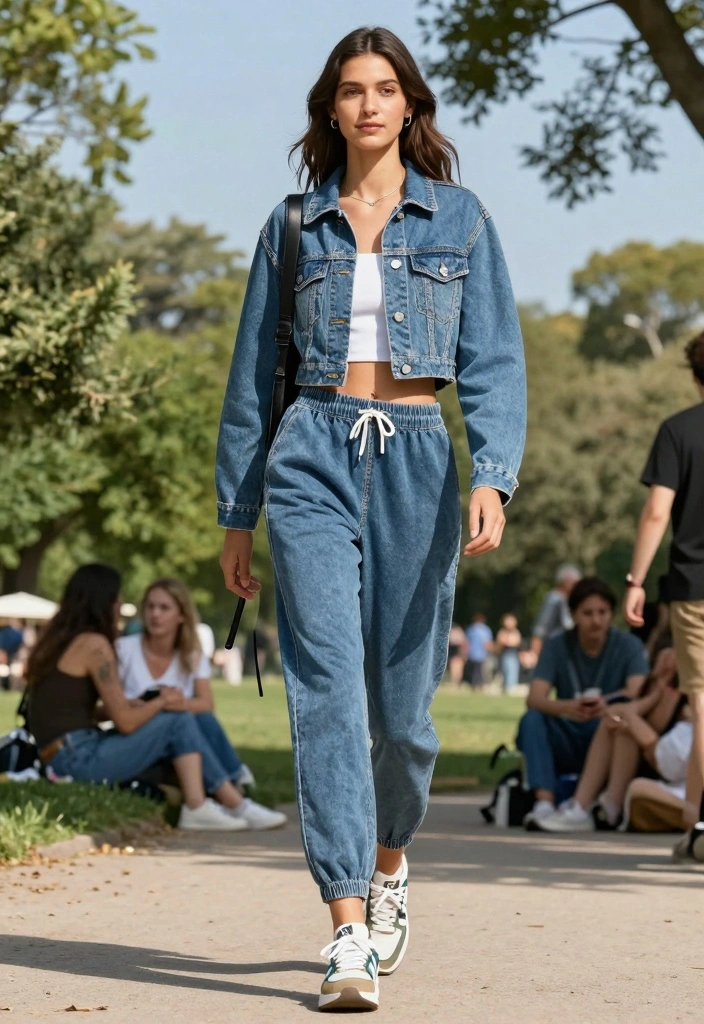 15 Double Denim Outfit Ideas For Women That Look Modern - 5. Sporty Double Denim Ensemble 1