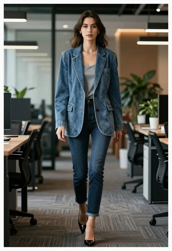 15 Double Denim Outfit Ideas For Women That Look Modern - 9. Double Denim for the Office 1