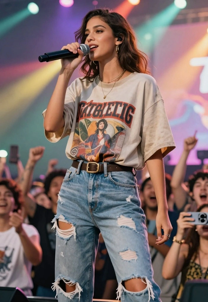 15 Drake Concert Outfit Ideas For Women With Street Vibes - 12. Vintage Band Tees with Distressed Jeans 1